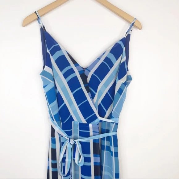 Evereve Allison Joy Sleeveless Wrap Dress Belted Blue Geometric Large - Picture 2 of 6